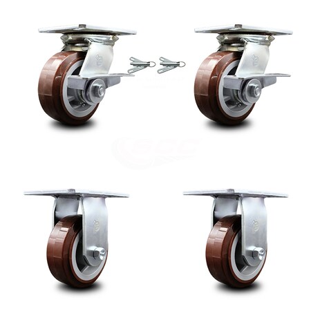 Service Caster 5 Inch Polyurethane Caster Brakes/Swivel Locks and 2 Rigid, 2PK SCC-35S520-PPUB-SLB-BSL-2-R-2